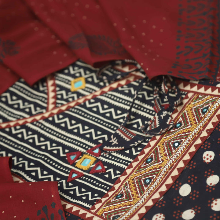 Pardesiya Ebony Black Angrakha Kutch Neck Work Cotton Suit Set