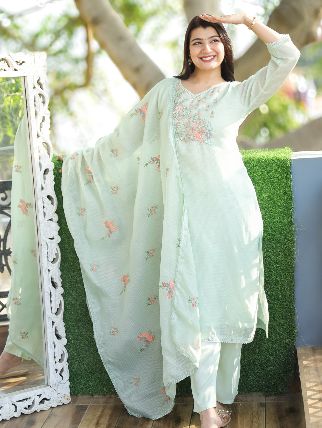 Sakhi Mohito Mint Floral Style Embroidered Neck Yoke Work Kota Doriya 3 Piece Set