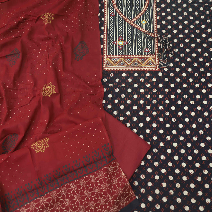 Pardesiya Ebony Black Angrakha Kutch Neck Work Cotton Suit Set