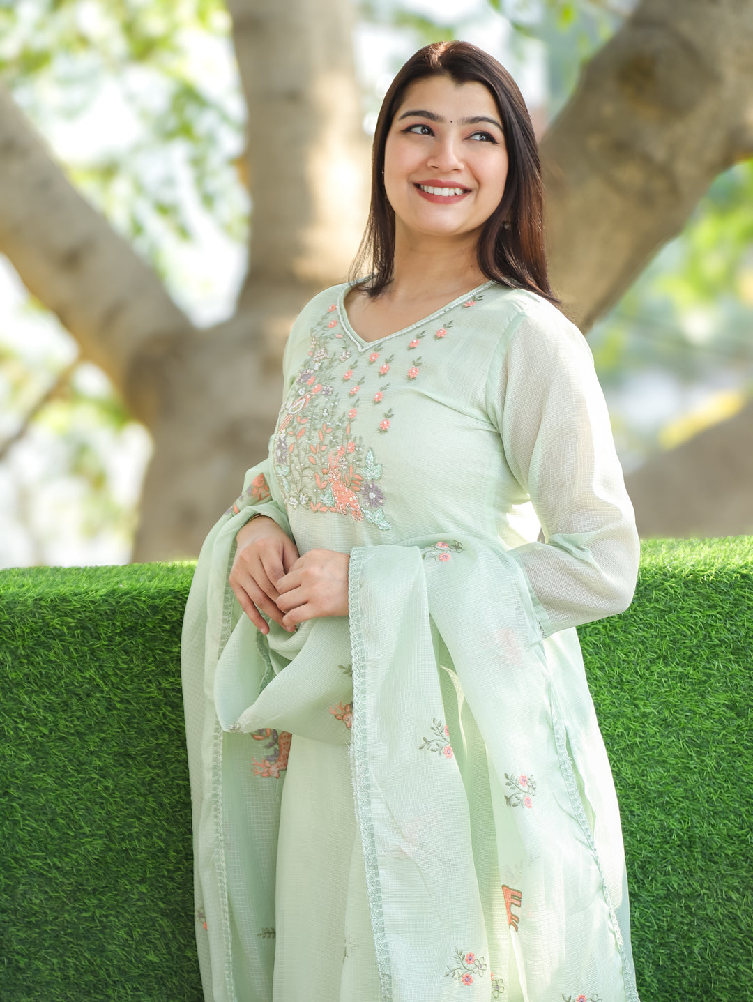 Sakhi Mohito Mint Floral Style Embroidered Neck Yoke Work Kota Doriya 3 Piece Set