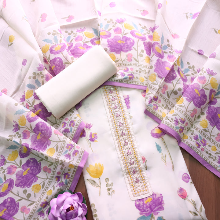 Ada Off-White with Purple Floral Printed Embellish Patch Modal Set