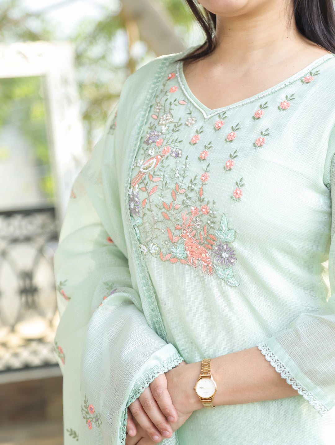 Sakhi Mohito Mint Floral Style Embroidered Neck Yoke Work Kota Doriya 3 Piece Set