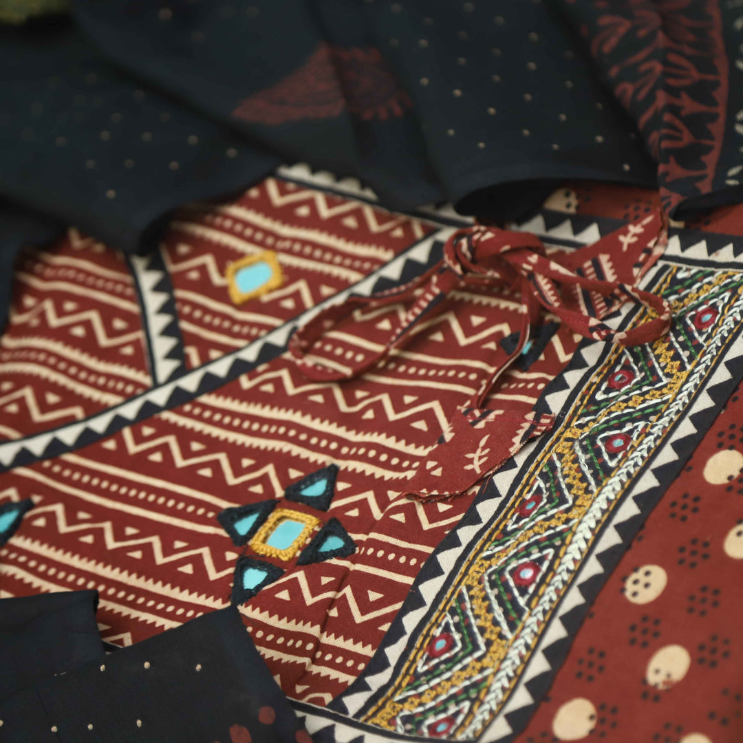 Pardesiya Barn Red Angrakha Kutch Neck Work Cotton Suit Set