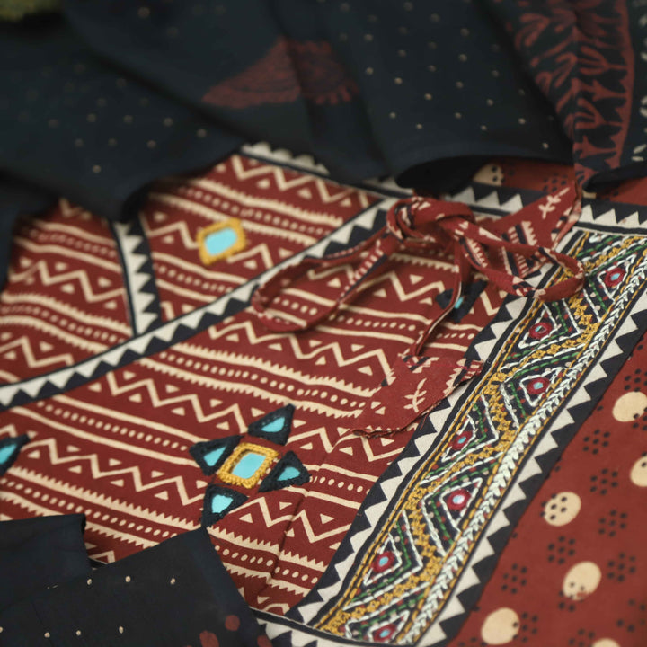 Pardesiya Barn Red Angrakha Kutch Neck Work Cotton Suit Set