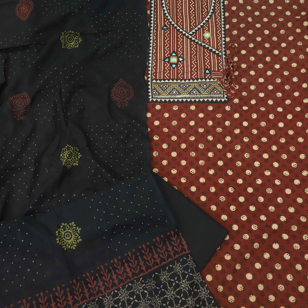 Pardesiya Barn Red Angrakha Kutch Neck Work Cotton Suit Set