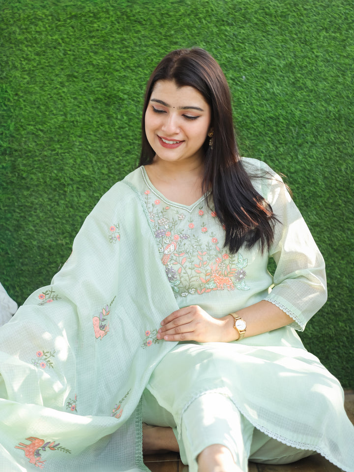 Sakhi Mohito Mint Floral Style Embroidered Neck Yoke Work Kota Doriya 3 Piece Set