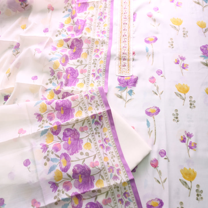 Ada Off-White with Purple Floral Printed Embellish Patch Modal Set