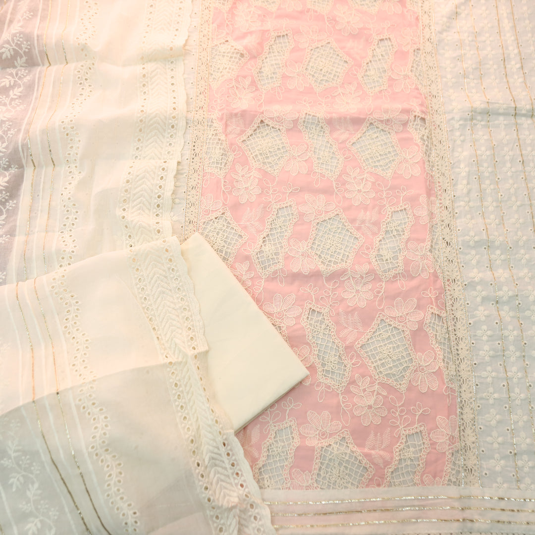 Rushali Pink Cut Work in Cord Embroidered Panel Style Cotton Set