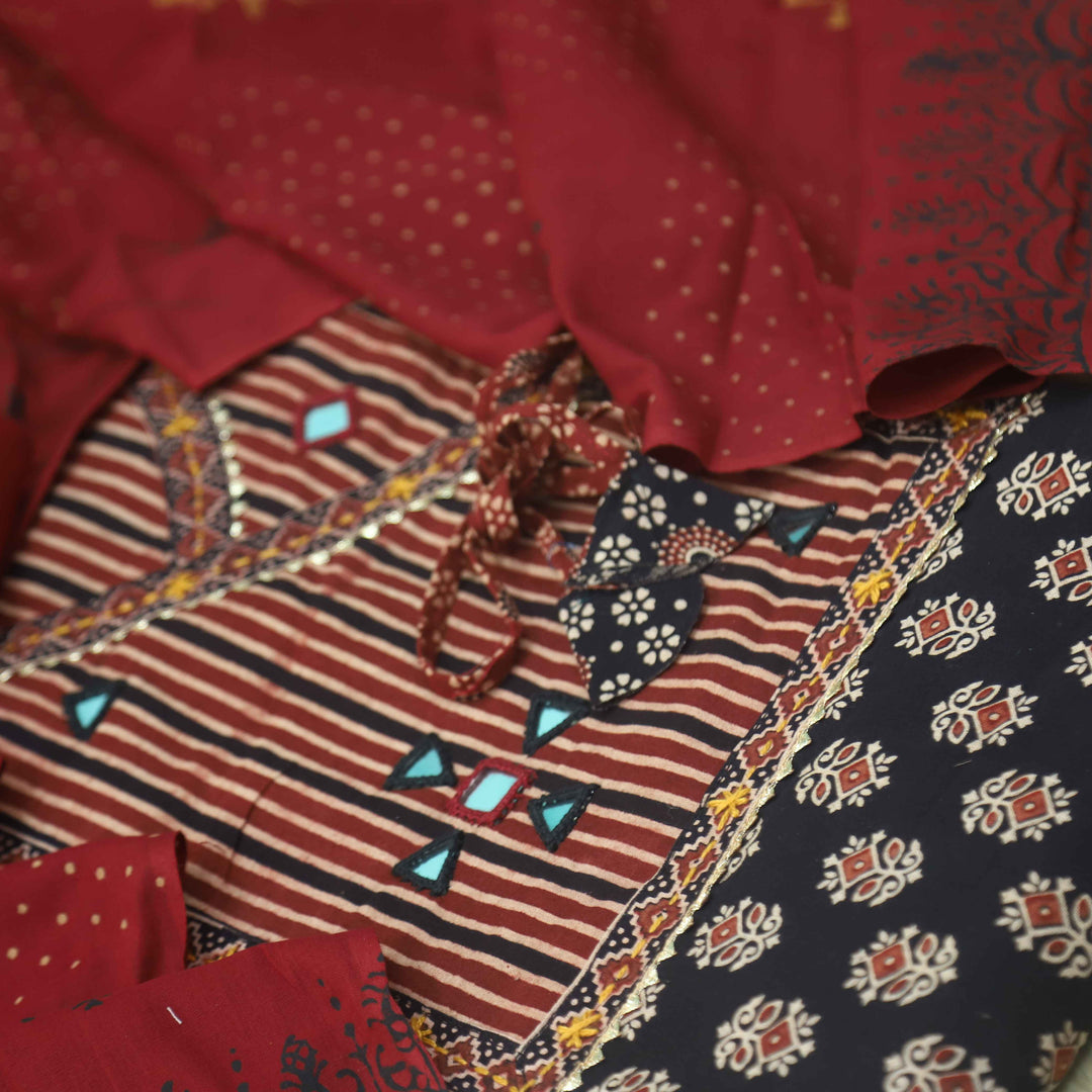 Pardesiya Night Black Angrakha Kutch Neck Work Cotton Suit Set