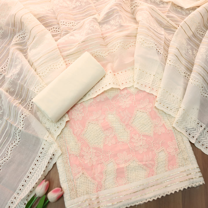 Rushali Pink Cut Work in Cord Embroidered Panel Style Cotton Set