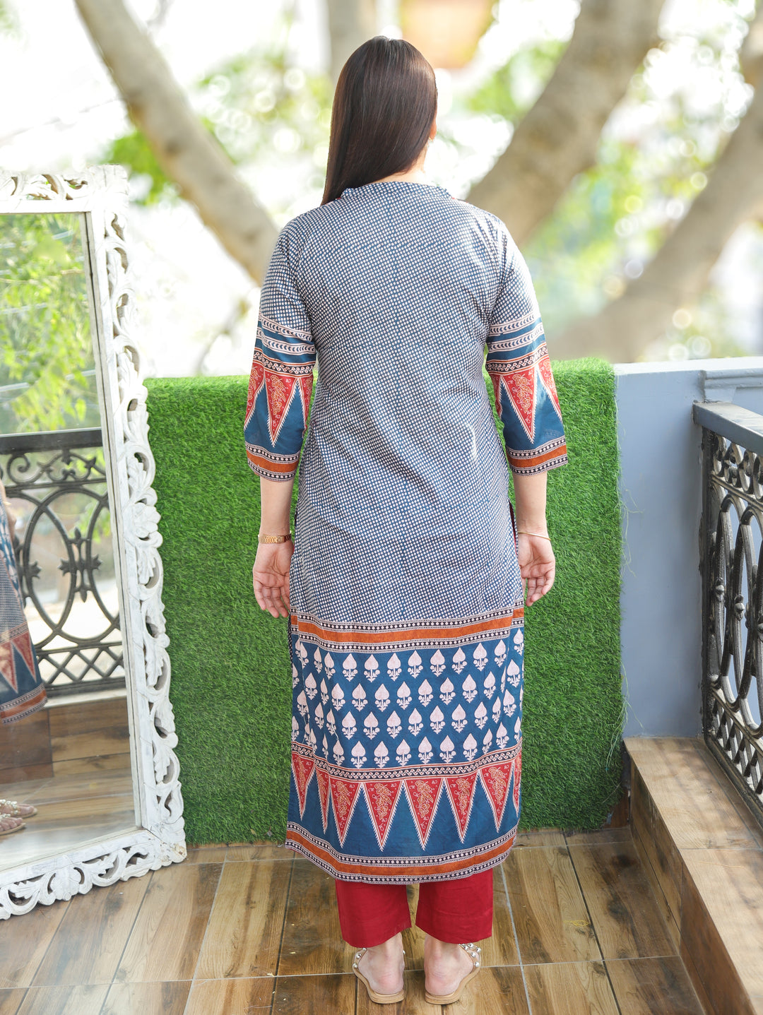 Madhu Navy Blue V Neck All Over Printed in Panel Style Cotton Kurti