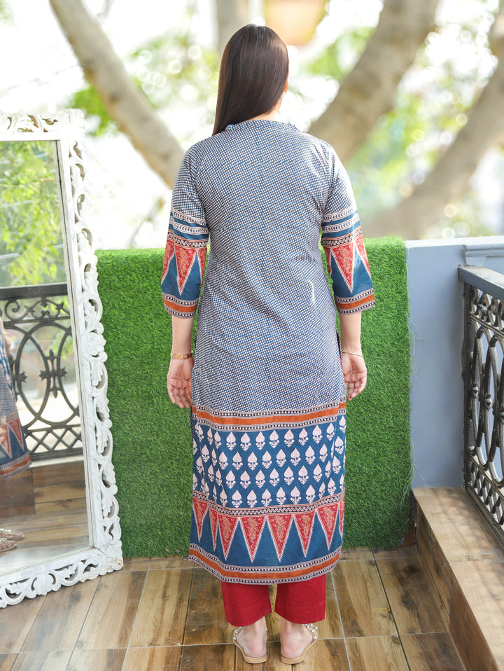 Madhu Navy Blue V Neck All Over Printed in Panel Style Cotton Kurti