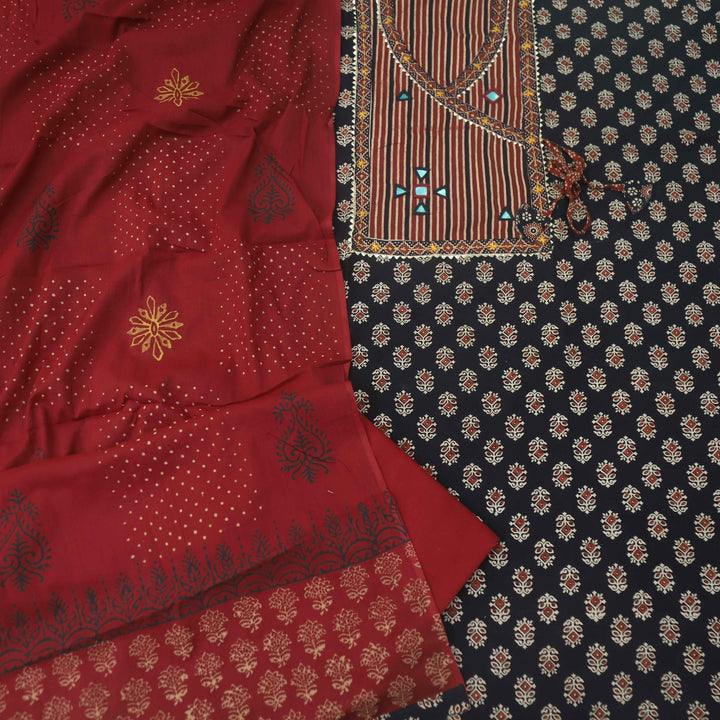 Pardesiya Night Black Angrakha Kutch Neck Work Cotton Suit Set