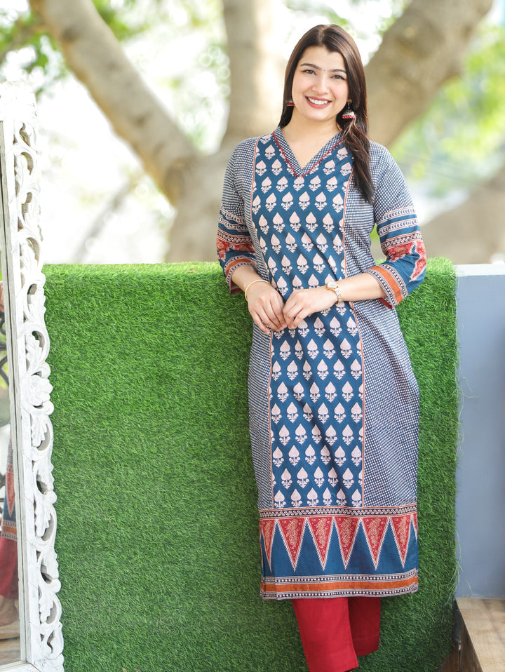 Madhu Navy Blue V Neck All Over Printed in Panel Style Cotton Kurti