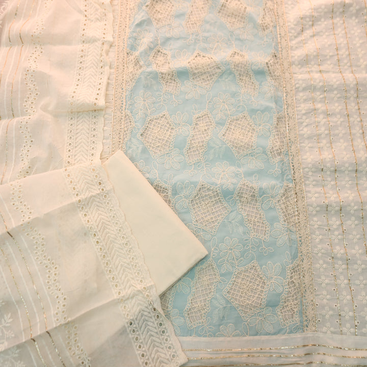 Rushali Ice Blue Cut Work in Cord Embroidered Panel Style Cotton Set
