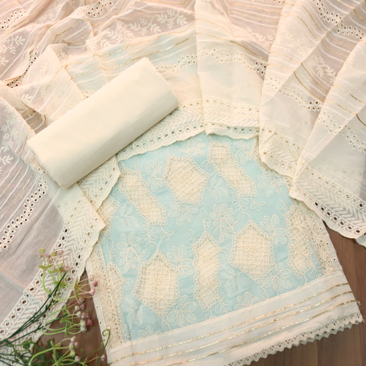 Rushali Ice Blue Cut Work in Cord Embroidered Panel Style Cotton Set