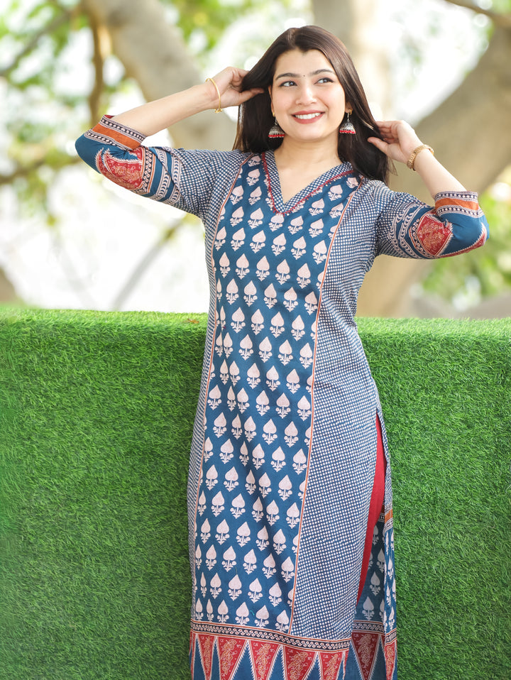 Madhu Navy Blue V Neck All Over Printed in Panel Style Cotton Kurti