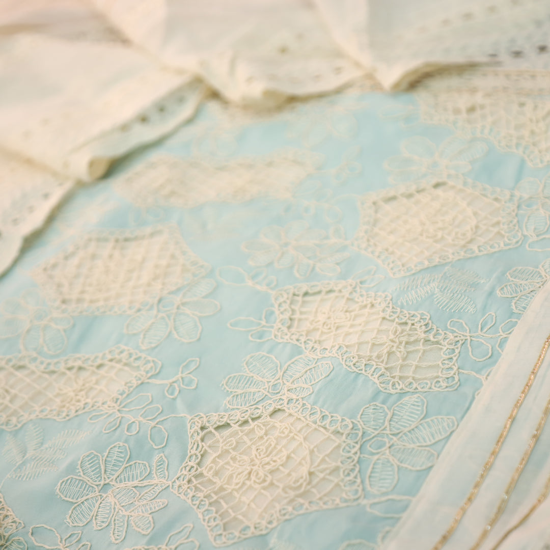 Rushali Ice Blue Cut Work in Cord Embroidered Panel Style Cotton Set