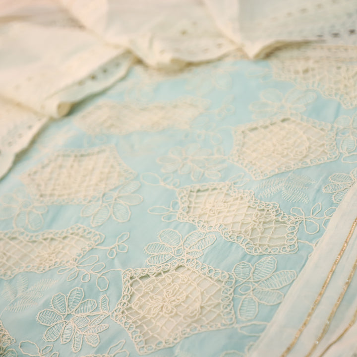 Rushali Ice Blue Cut Work in Cord Embroidered Panel Style Cotton Set