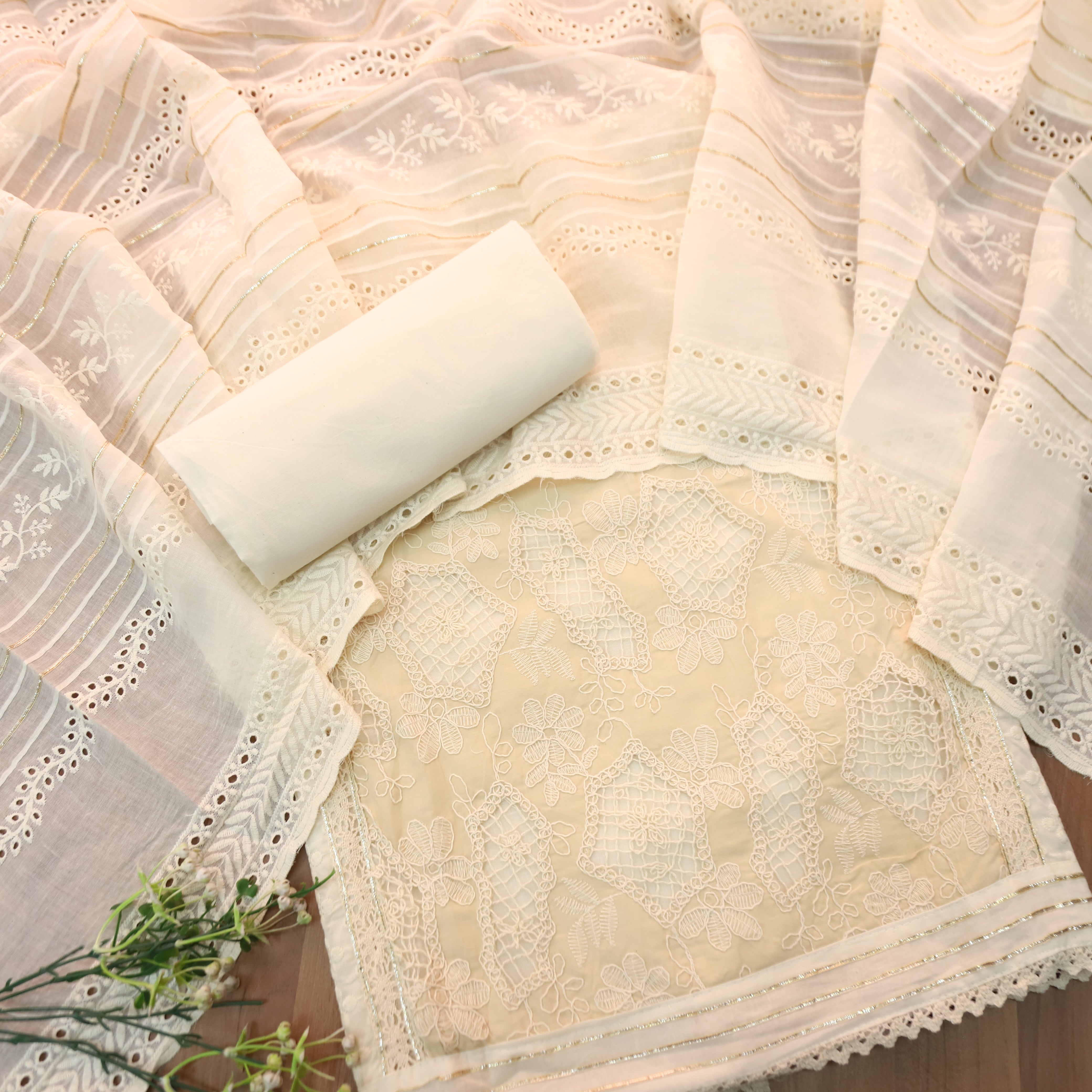 Rushali Beige Cut Work in Cord Embroidered Panel Style Cotton Set ...