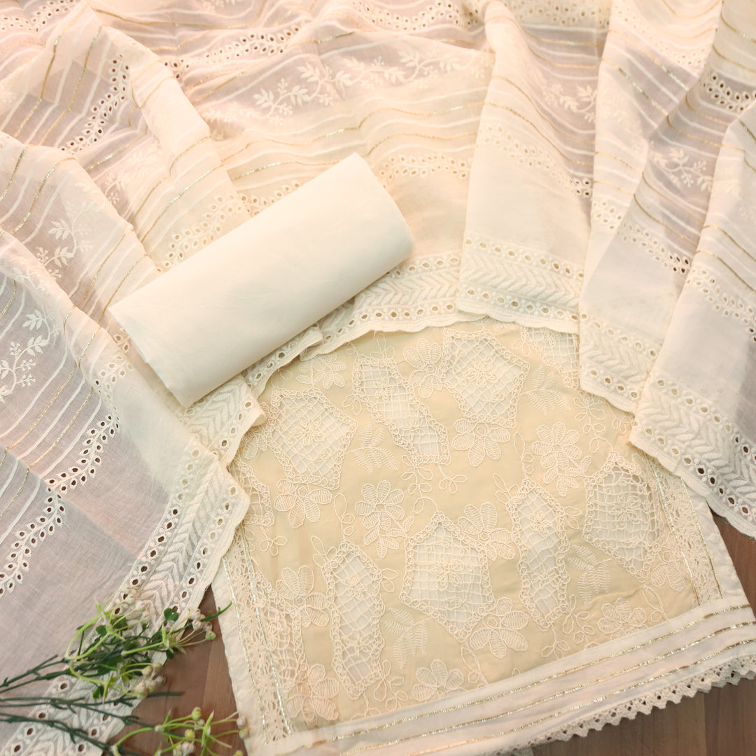 Rushali Beige Cut Work in Cord Embroidered Panel Style Cotton Set