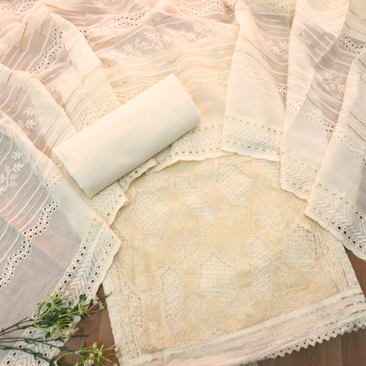 Rushali Beige Cut Work in Cord Embroidered Panel Style Cotton Set