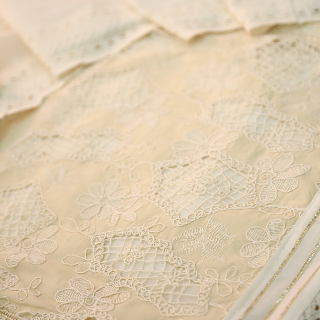 Rushali Beige Cut Work in Cord Embroidered Panel Style Cotton Set