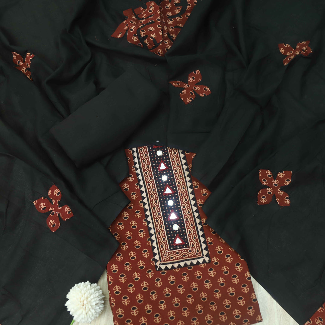 Pardesiyaa Cherry Red Kutch Neck Mirror Work Printed Cotton Suit Set