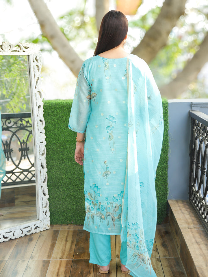 Jhanvi Aqua Blue V Embellish Pichwai Printed Hem Kota Doriya 3 PIece Set