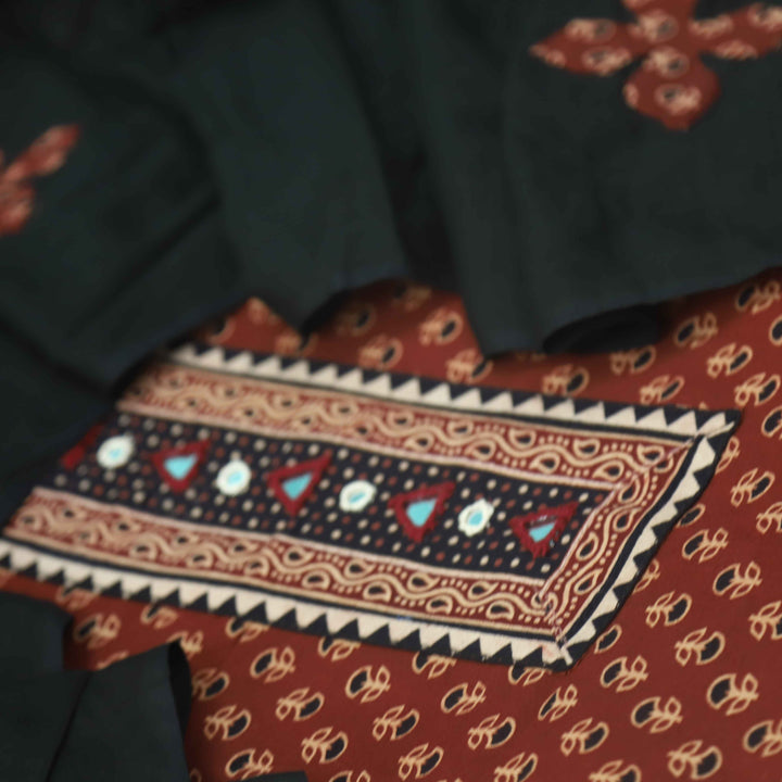 Pardesiyaa Cherry Red Kutch Neck Mirror Work Printed Cotton Suit Set