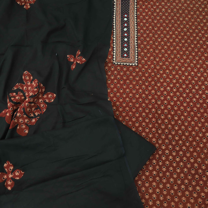 Pardesiyaa Cherry Red Kutch Neck Mirror Work Printed Cotton Suit Set