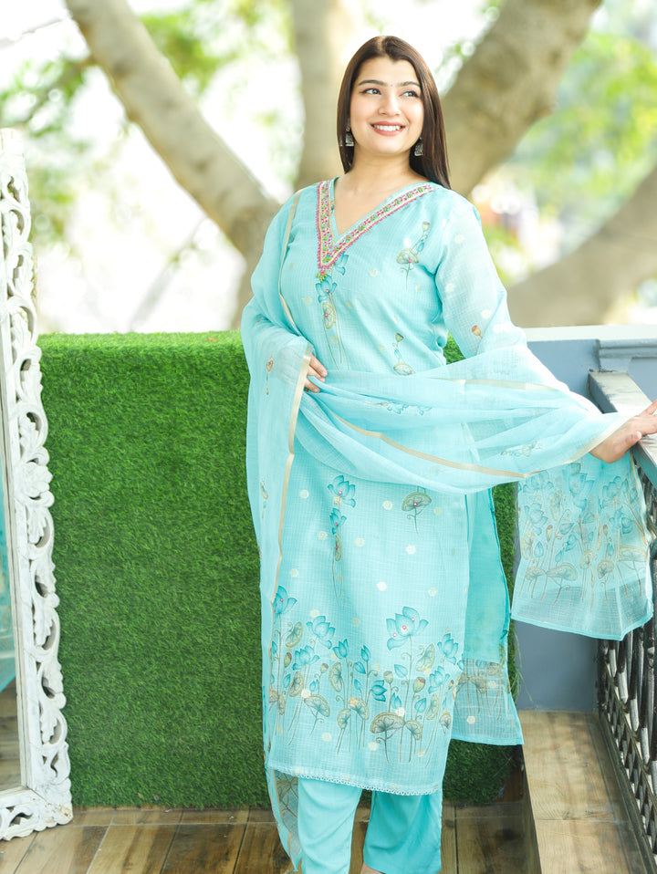 Jhanvi Aqua Blue V Embellish Pichwai Printed Hem Kota Doriya 3 PIece Set