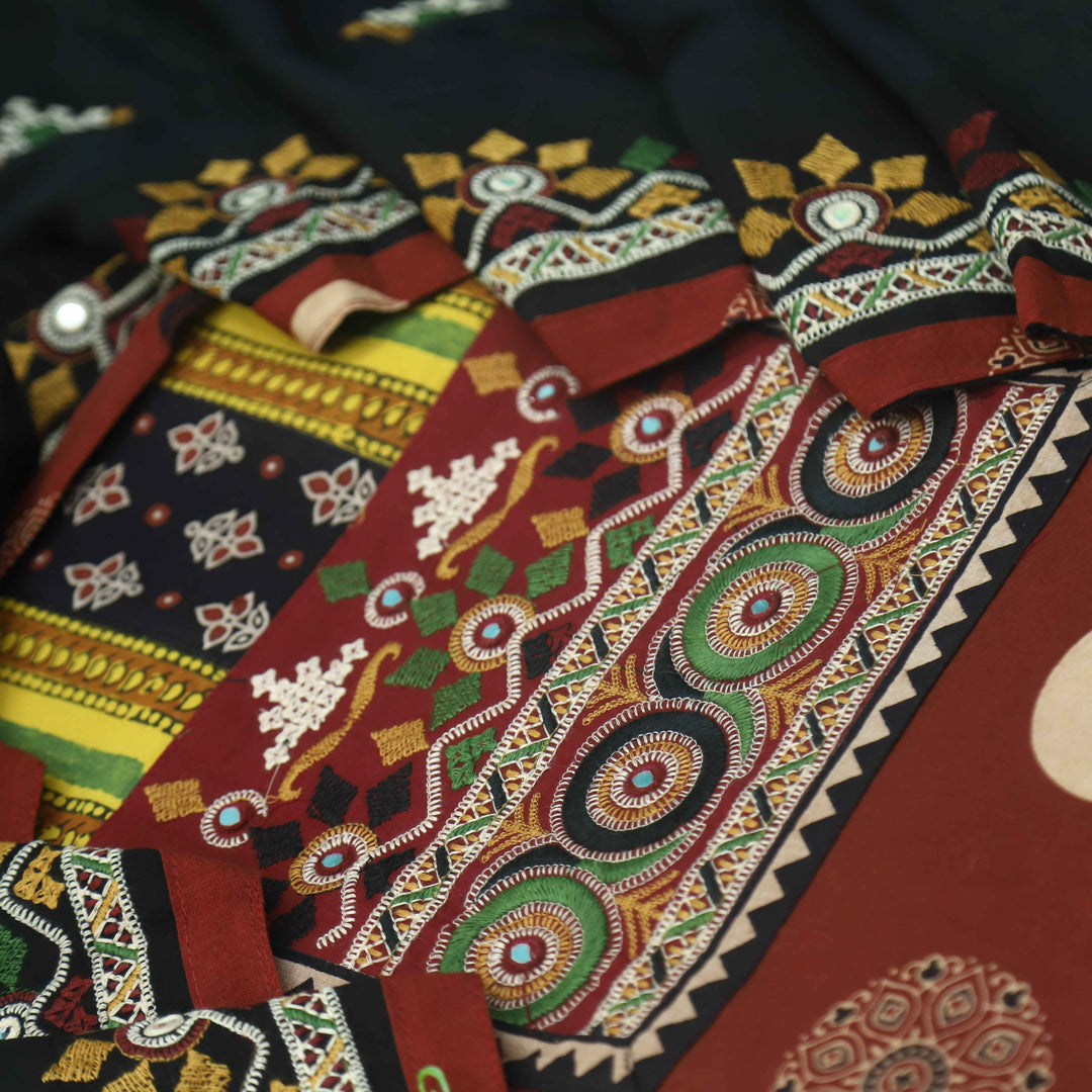 Pardesiya Ruby Red Kutch Neck Embriodered Work Printed Cotton Suit Set