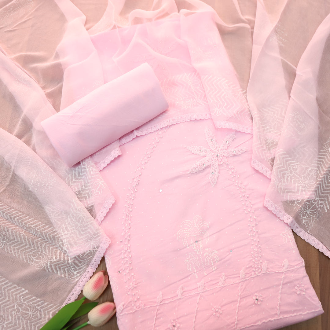 Nurvi Soft Pink Pigment Print with Embroidered Cotton Set