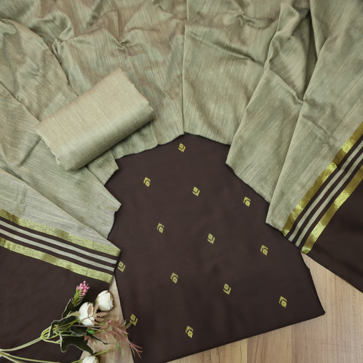Premika Chocolate Brown All Over Thread Weaved Work Cotton Silk Suit Set