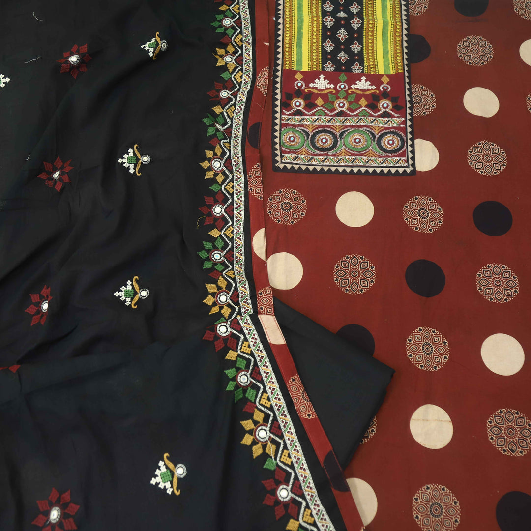 Pardesiya Ruby Red Kutch Neck Embriodered Work Printed Cotton Suit Set