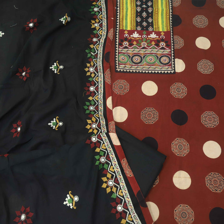 Pardesiya Ruby Red Kutch Neck Embriodered Work Printed Cotton Suit Set