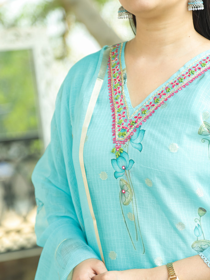 Jhanvi Aqua Blue V Embellish Pichwai Printed Hem Kota Doriya 3 PIece Set