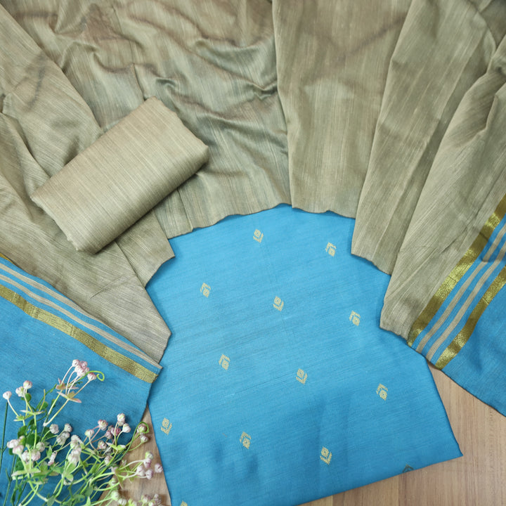 Premika Azure Blue All Over Thread Weaved Work Cotton Silk Suit Set
