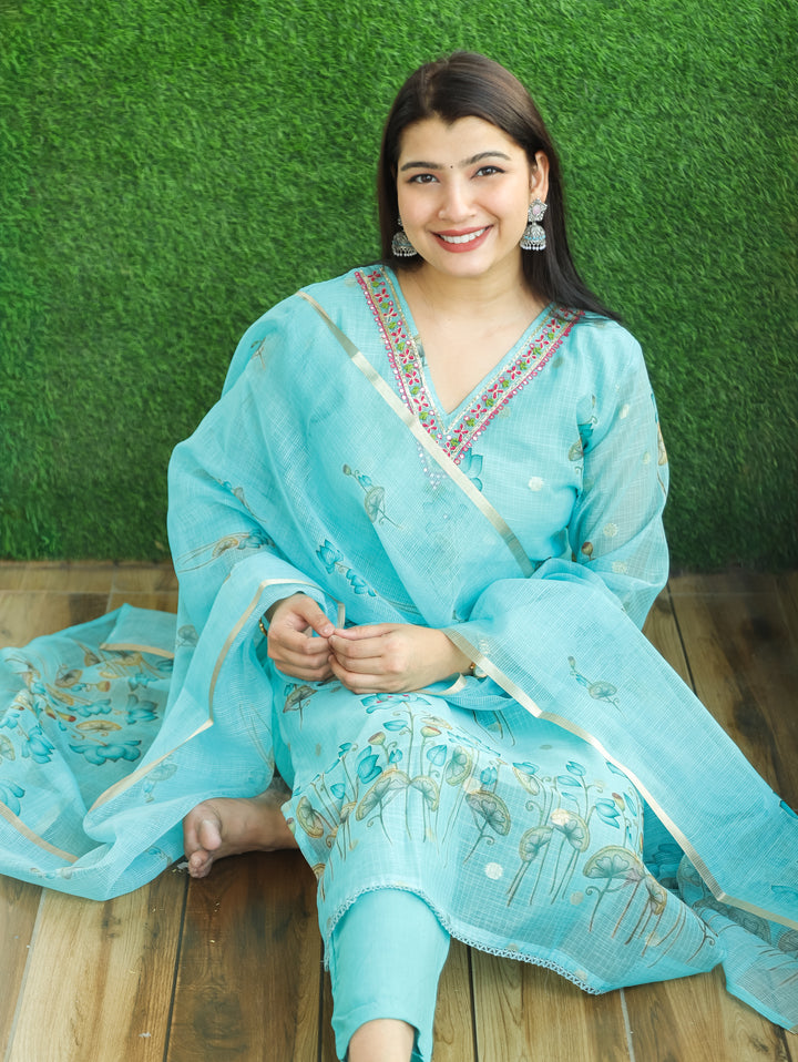 Jhanvi Aqua Blue V Embellish Pichwai Printed Hem Kota Doriya 3 PIece Set