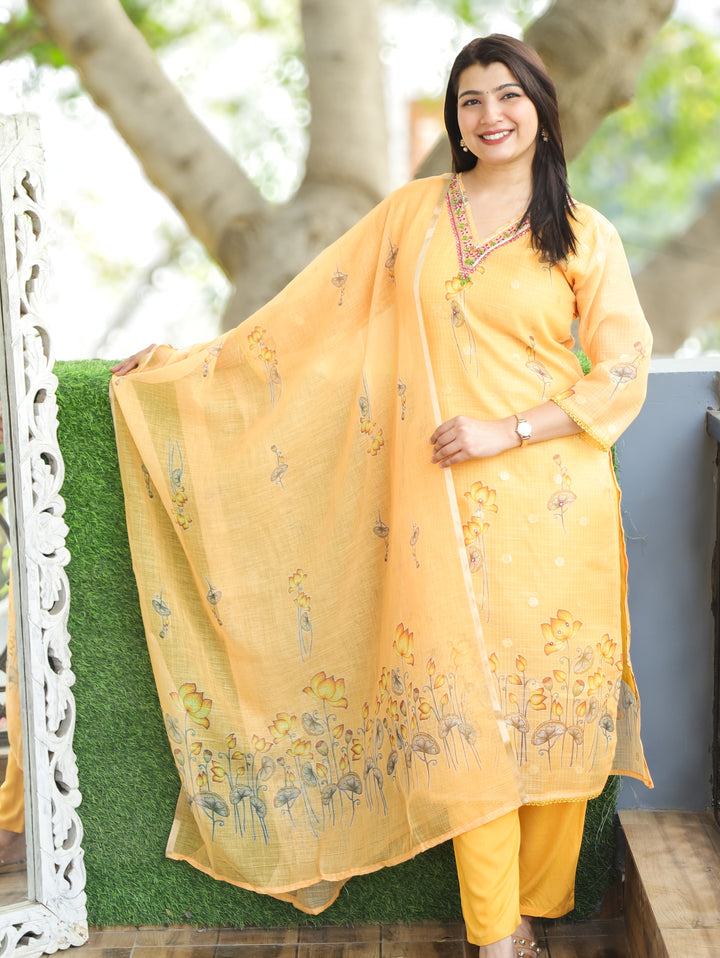 Jhanvi Saffron Yellow V Embellish Pichwai Printed Hem Kota Doriya 3 PIece Set