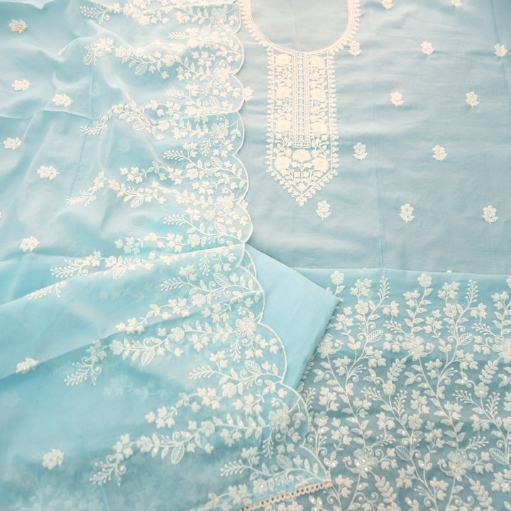 Rushali Powder Blue Embroidered Neck and Hem Mul Cotton Set