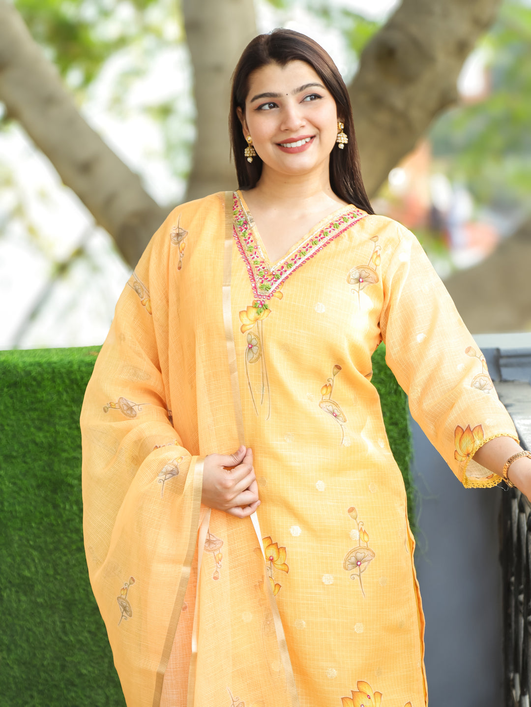 Jhanvi Saffron Yellow V Embellish Pichwai Printed Hem Kota Doriya 3 PIece Set