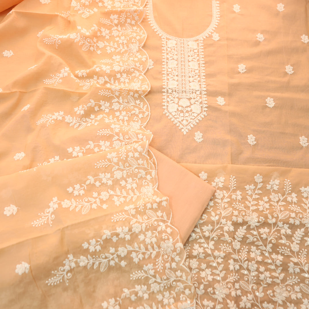 Rushali Pumpkin Peach Embroidered Neck and Hem Mul Cotton Set