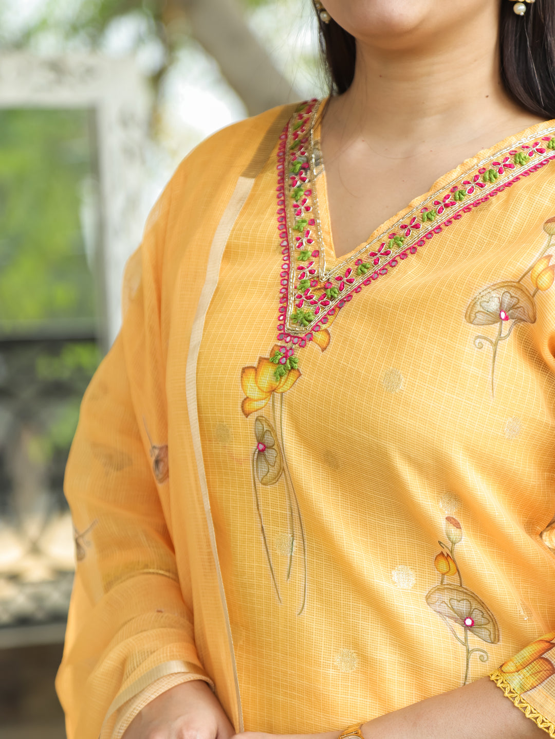 Jhanvi Saffron Yellow V Embellish Pichwai Printed Hem Kota Doriya 3 PIece Set