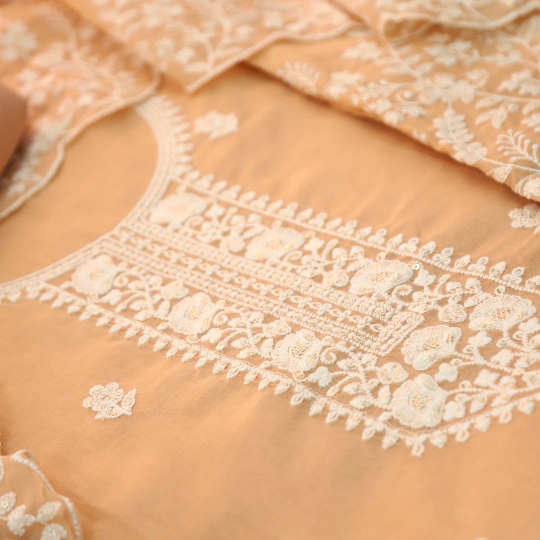 Rushali Pumpkin Peach Embroidered Neck and Hem Mul Cotton Set