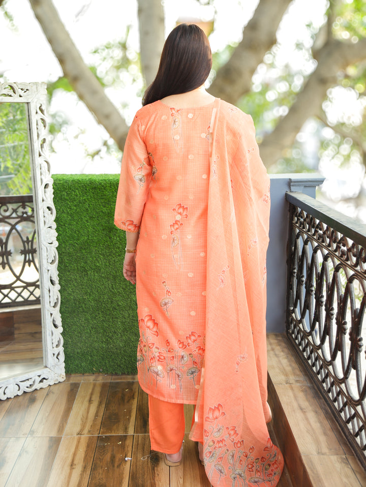 Jhanvi Tangerine Orange V Embellish Pichwai Printed Hem Kota Doriya 3 PIece Set