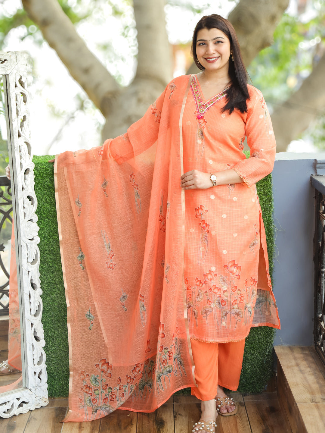 Jhanvi Tangerine Orange V Embellish Pichwai Printed Hem Kota Doriya 3 PIece Set