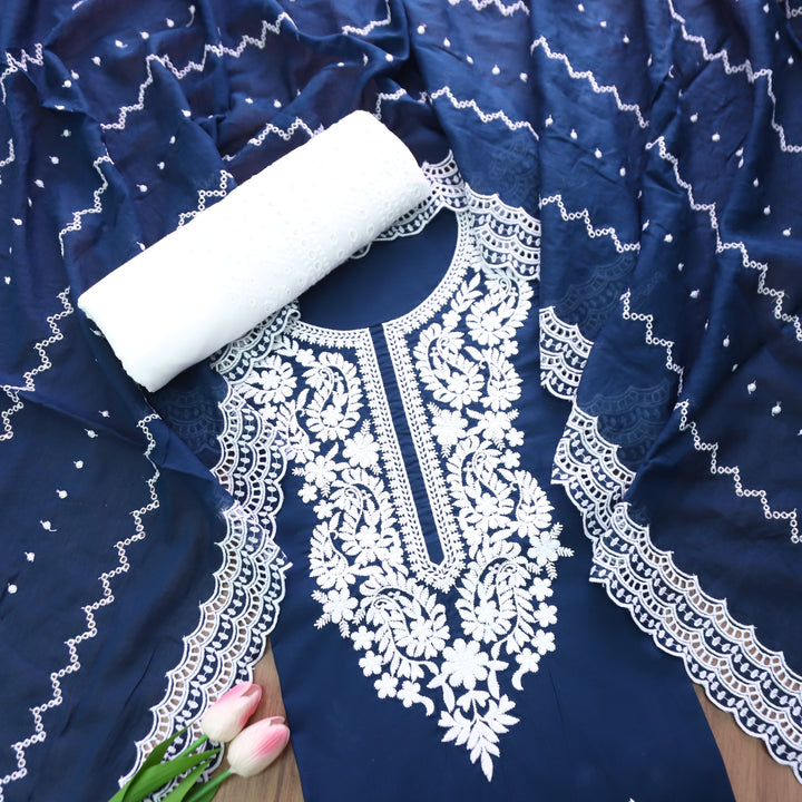 Apurva Navy Blue Chikankari inspired Thread Neck Work Cotton Suit Set