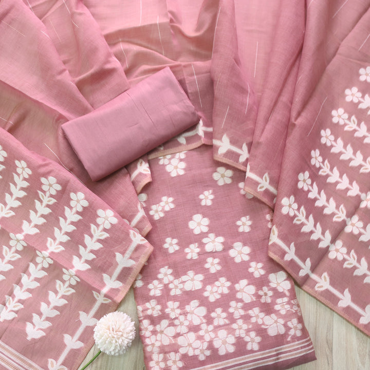 Jannat Mauve Pink Floral Authentic Jamdani Top and Jamdani Dupatta